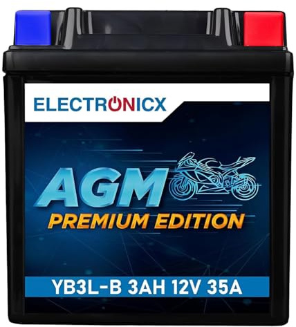 Electronicx AGM Motorradbatterie YB3L-B AGM 12V 3Ah 35A Starterbatterie wartungsfrei, versiegelt, auslaufsicher, vibrationsfest, leistungsstark, kompakt - Ideal für Roller, Mofa, Quad & Motorrad