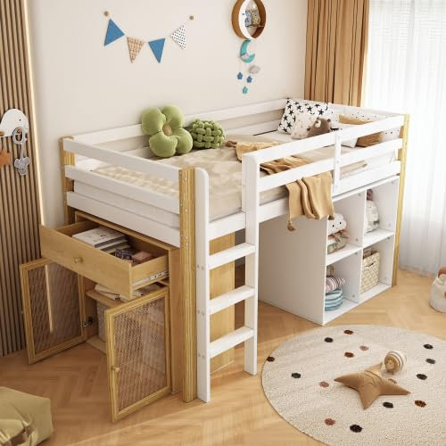 AUJDKDH Kinderhochbett, multifunktionales Kinderbett, einzelnes Kinderbett, mit 2 Aufbewahrungsschrank und Leiter, ohne Matratze, 90 x 200 cm, Natur + Weiß[31863123AAW]