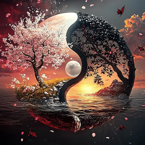 Natur Yin und Yang Diamant Painting Bilder für Erwachsene Anfänger, Spiritueller Baum des Lebens Diamond Painting Set, DIY Strass Bilder Diamant Kunst Kits, Diamant Painting für Zuhause Dekor 30x30 cm