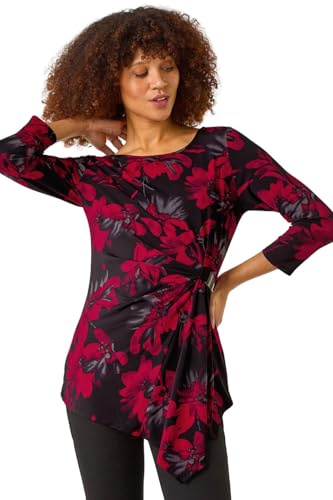 Roman Floral Print Asymmetric Top for Women UK - Ladies Autumn Everyday Winter Holiday Round Neckline Comfy 3/4 Sleeve Soft Stretch Jersey Tee Office Desk Shirts - Red Floral - Size 20