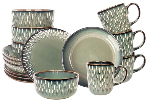 jinsongdafa Dinnerware Sets 16 Pieces - Round Reactive Glaze Tableware - Kitchen Dinnerware Porcelain Crockery with Dinner Plate, Bowl and Soup Plate Service for 4, Microwave Dishwasher Safe, Set No.4