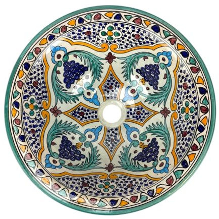 Lavabo marroquí de cerámica pintada a mano, 40 cm, diseño floral azul y verde, Fes artesanal