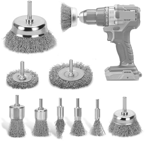 Pmueuff 9 Pièces Brosse Metallique pour Perceuse, Brosse Métallique Perceuse Ensemble avec Tige de Foret de 6 mm Brosse Métallique Perceuse pour l'Élimination de la Rouille/Corrosion/Peinture