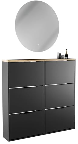 Planetmöbel 2 x Schuhschrank schmal | runder Spiegel mit Beleuchtung 80 cm, (2 Lichtstufen) Schuhkommode mit 3 Klappen Schuhregal mit 6 Ablagen, Garderobe Set, 60
