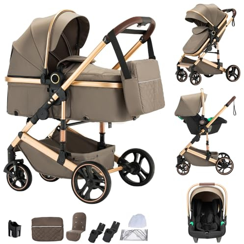 Shineey kinderwagen 3 in 1 Buggy Babybett Komplett Set Einem Klick Zusammenklappbarer Kinderwagen, 3 in 1 KombiKinderwagen Aluminiumrahmen für Neugeborene (H9-BROWN, H9)