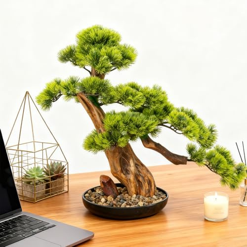 Kunstbonsai Bonsai-Kunstbaum, Japanischer Immergrün Kiefer Bonsai Im Topf, Künstliche Baum Desktop Künstlicher Deko Für Zuhause Büro Baddeko, 45cm Hoch