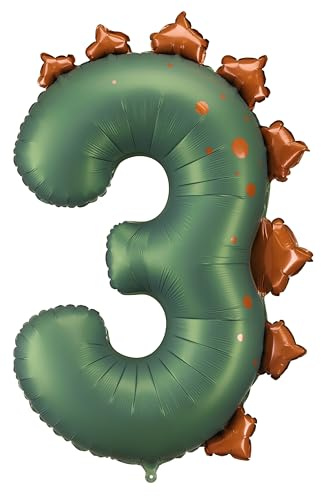 Dinosaurier Folienballon Zahl 3 Geburtstag Deko – Riesiger Dino Zahlenballon Dunkelgrün (92cm) – Für 3. Kindergeburtstag Junge & Mädchen – Helium & Luft Geeignet