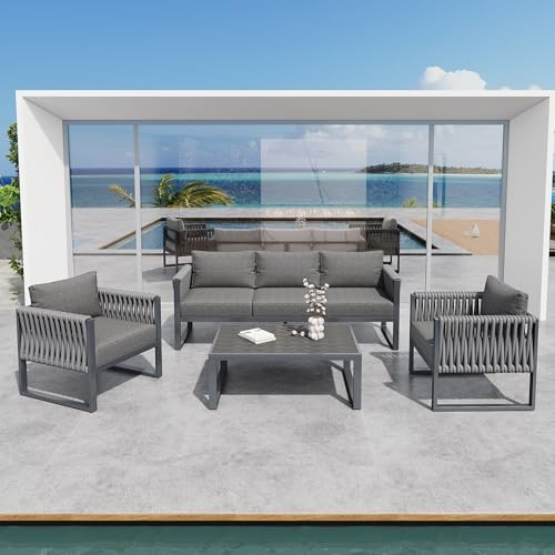 UATARU Garden Lounge Furniture Set for 5 People, Weatherproof Outdoor Balcony Sitting Area with Corner Sofa, 2 Chairs and Table