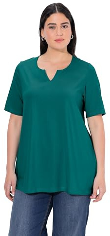 Ulla Popken Damen große Größen Übergrößen Plus Size T-Shirt, A-Linie, Tunika-Ausschnitt, Halbarm Petrol 62+ 807259745-62+