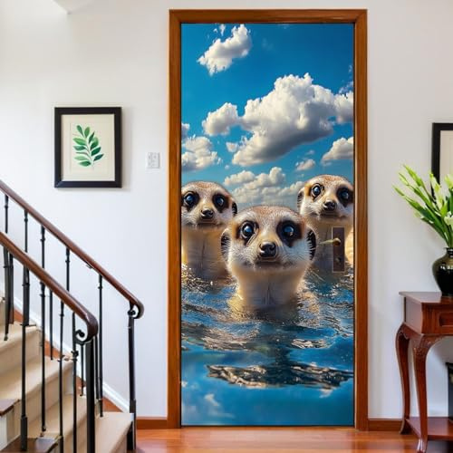Türtapete selbstklebend 90 x 200 cm Erdmännchen schwimmen 3D Türposter PVC wasserfest Türaufkleber Blau Türfolie Türsticker Wandbild Innentür Fototapete abnehmbar Türdekoration