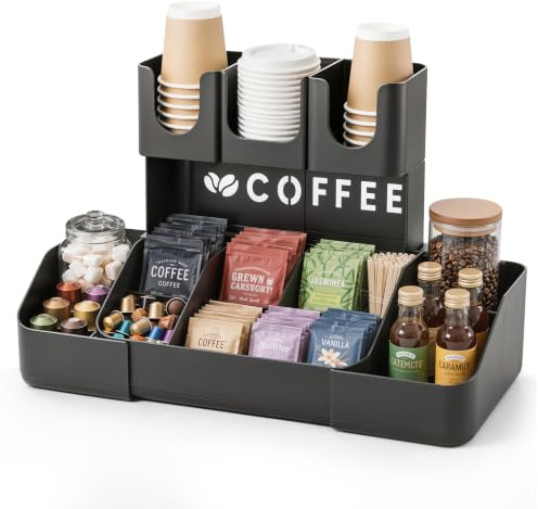 JYPS Coffee Station Organizer for Countertop, 2-Tier Coffee Cup and Lid Holder with 11 Compartments, Adjustable Coffee Pod Holder for Coffee Bar Accessories, Capsules,Sugar, Office Breakroom Kitchen