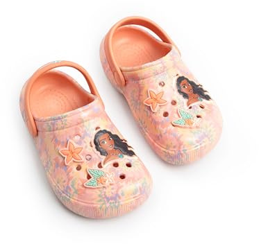 Disney Moana Mädchen Clogs in Korallenrosa | Sandalen mit grafischem Charakter, Blumenmuster und Blumenanhängern | Belüftetes, geformtes Fußbett und Fersenriemen | Alltagsschuh für die Schule