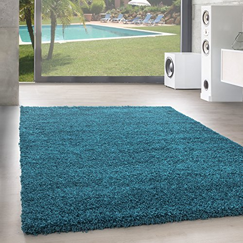 SIMPEX Flauschiger Teppich Wohnzimmer Schlafzimmer Läufer Flur Esszimmer Küchenteppich Hochflor Einfarbig Modernes Design 30 mm Florhöhe Kuschelweich, Türkis, 80 x 150 cm
