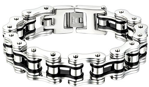 Cupimatch Herren Armband, 16mm Schwer Große Edelstahl Fahrradkette Motorradkette Hochglanz Poliert Rock Link Armreif, silber schwarz