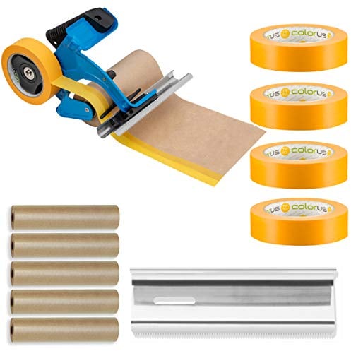 Colorus Handabdeckroller Set Abdeckpapier Masker | Abdeckpapier 15cm x 50m | Goldband 30mm x 50m | Abreißklinge 150 m | 90 Tage UV beständig | Goldband mit Abdeck-Papier Handabdeckgerät