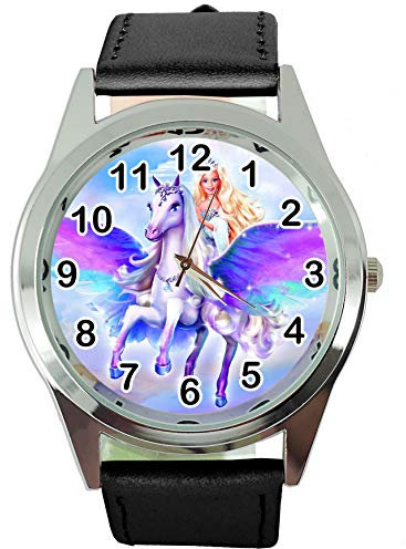 Magic Pegasus Runde Quarzuhr Schwarzes Lederarmband