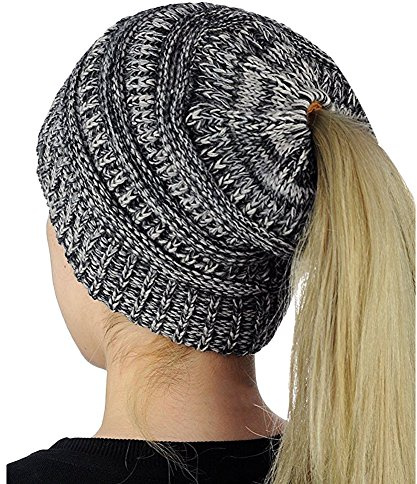 Boolavard BeanieTail Soft Stretch-Zopfmuster Unordentlich hohe Ponyschwanz-Mütze (Schwarz-Weiss)