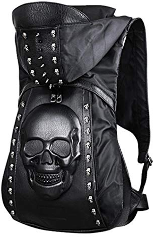 nice--buy Totenkopf-/Punk-Art-Rucksack, mit Kapuze, Nieten, Biker-Geldbörse, Gothic, 3D, Totenkopf, PU-Leder, Büchertasche, Python, Tagesrucksack, Schultertasche, Laptoptasche, Schwarz, Medium,