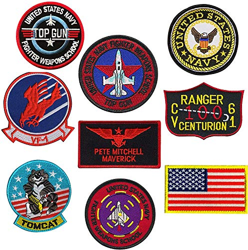 Top Gun Patches Set United Sates Navy Fighter Weapons School American Flag CV-61 USS Ranger 100 Centurion, Tom Cat, Pete Mitchell Maverick, VF-1 bestickter Morale Patch Hakenschlaufe Rückseite 9 Stück