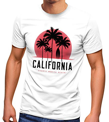 Neverless® Herren T-Shirt California Palmen Santa Monica Beach Sommer Sonne Fashion Streetstyle weiß L