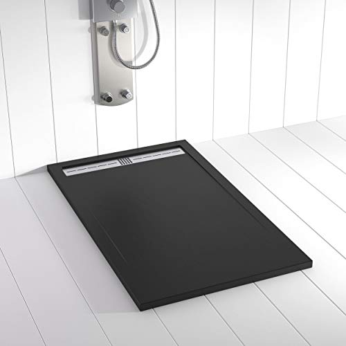 Shower Online Receveur de douche en résine FLOW - 90x150 - Texture Ardoise - Antidérapant - Noir RAL 9005 - Toutes les tailles disponibles - Y compris la Grille en Acier Inoxydable et la Bonde