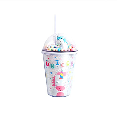 Gobelet Plastique Réutilisable 380ML avec Paille Verre Brillant Couvercle Tasse à Eau Licorne Sirène Mug Double Paroi Bouteille d'eau Isolée Etanche pour Enfant Fille Cadeau (licorne B)