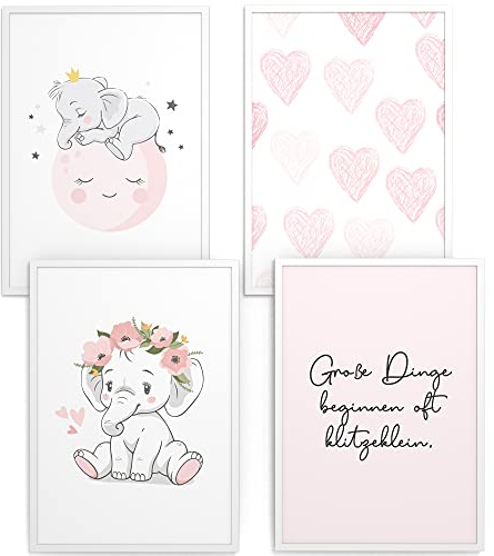 Papierschmiede® Kinderbilder 4er Set, A3 gerahmt in Holzrahmen (weiß), Geschenk für Mädchen Wanddeko Kinderzimmer Babyzimmer, rosa Herzen, Baby Elephant