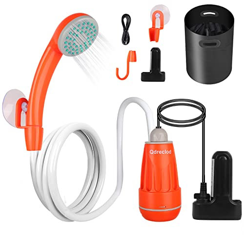 Tragbare Campingdusche mit 20L Faltbarer Eimer Camping Dusche Outdoor Dusche wiederaufladbarer 2200mAh Lithium Akku Tauchpumpe Handbrause für Garten Reisen Autowäsche Elektrische Dusche (Orange)