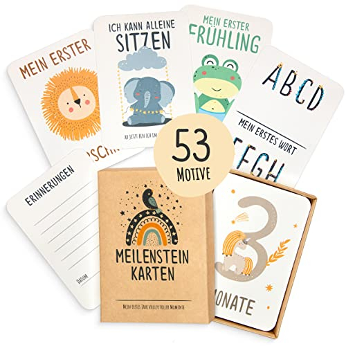 Räuberella® Meilensteinkarten-Baby I 53 Karten I Monatskarten mit bezaubernden Motiven I Beschreibbare Entwicklungskarten I Ideal als Geschenk zur Schwangerschaft, Geburt & Babyparty