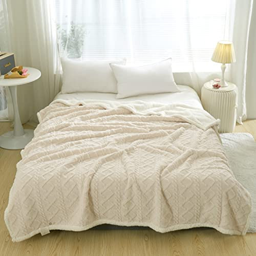 DREAMLANDING Sherpa Fleece Blanket Sofa Throw Double-Sided Super Soft Warm Throw Blanket For Bed, Sofa, Couch (Beige Cable, 150×200cm)