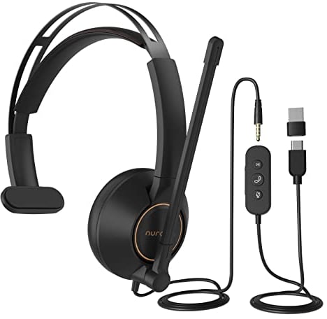 Nuroum HP11-SU USB Headset with Microphone for Laptop, 270° Rotatable Boom Mic, In-line Control, USB-A/Type-C/3.5mm to PC/Mac/Mobile for Zoom/Teams Calling/Conferencing, Single-Ear Headphone(Mono)