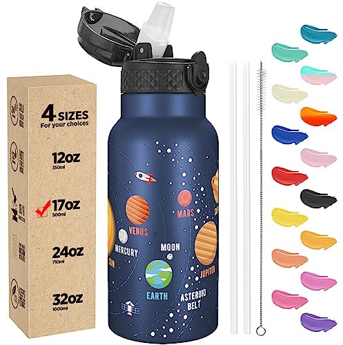 Han's Bottle Botella de agua para niños con tapa con pajilla, vaso reutilizable de acero inoxidable aislado para niñas, niños, taza térmica, 17 onzas, planeta espacial