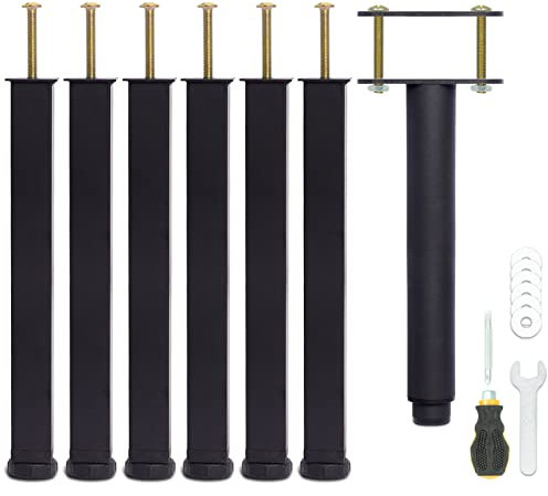 Pied de Lit 30 cm à Visser, Pied Sommier à Lattes Universel, Reglable en Hauteur, Metal, Carré + Rond, Boulons M8, pour le Cadre Métallique d’un Sommier Adulte, Noir, Lot de 7 (6 Latéraux + 1 Central)