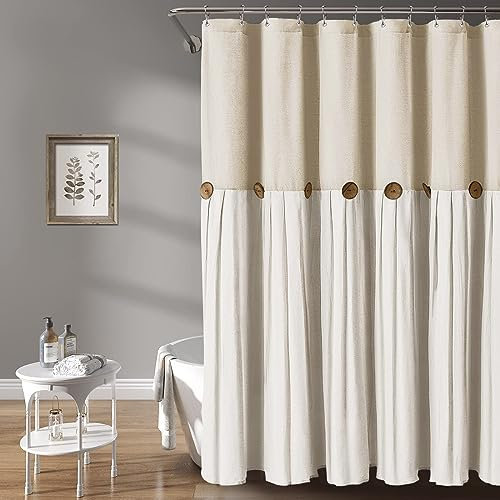 Awellife Rideau de Douche Extra Long de 213 cm en Tissu tissé texturé en Lin de Style campagnard (Lin et crème, 182,9 x 213,4 cm (l x L)