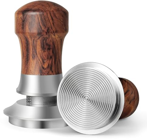 HOLIHOKY 58mm Tamper, Spring Loaded Coffee Tamper with Stainless Steel Pattern Base, Self Leveling Espresso Tamper for Barista Coffee Machine, Walnut Wood Handle, Silver