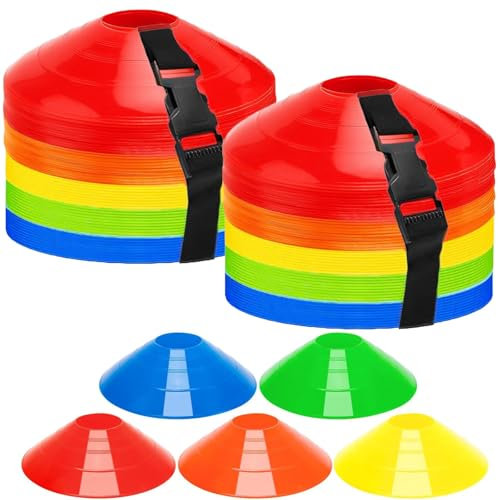 MUXHEL 100PCS Football Cones, 5 Color Cones for Football Training, Football Training Cones with Strap Training Cones Set for Football Basketball & Agility Training