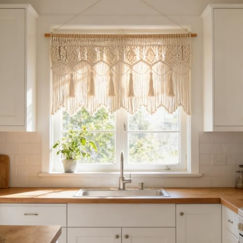 M MANUAL Macrame Wall Hanging Boho Woven Tapestry Valance Window Kitchen Macrame Curtain Door Divider Decoration Bedroom Home Macrame Curtains 55.1 Wx23.6 L