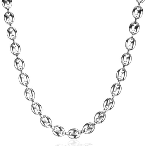 LOCCY Herren Kette Halskette, 6/7/9/11mm breit Edelstahl Kaffeebohne Kette Bohnenkette Silberkette Hip Hop Halskette für Männer Jungen, Länge 46/51/56cm, Silber (Silber-9mm Breit, 56)