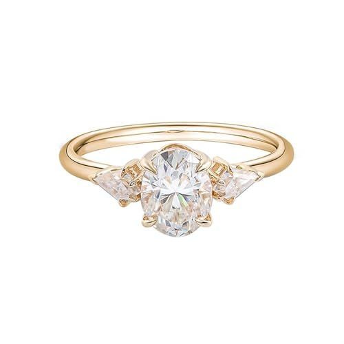 Ring Gold mit Stein, Damen 14K Gelbgold 1 Karat ovaler Moissanit-Verlobungsring (Größe Anpassen)