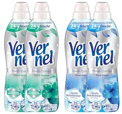 VERNEL Weichspüler-Set 4x 37 Waschladungen (148WL) Fresh Control 2x Cool Fresh & 2x Fresh Breeze, Wäscheduft für 24/7 langanhaltende Frische mit Geruchs-Neutralisierungs-Technologie