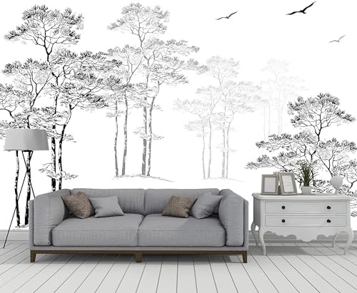 Naturempress Fototapete 3D Effekt Tapete Schwarz Und Weiß Skizze Baum Tapeten 3D Effekt Vliestapete Wohnzimmer Schlafzimmer Wandbilder Wanddeko
