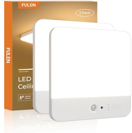 FULEN LED Ceiling Light Motion Sensor, Cordless Bathroom Ceiling Lamp Battery Operated, Rechargeable Magnetic Mount Shower Light for Bath,Porch,Stairs,Garage, 3 Color Temperatures, Remote Control