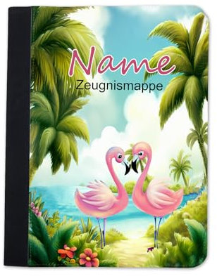 Zeugnismappe mit Name | Zeugnismappe personalisiert | mit Klarsichthüllen A4+ | Urkundenmappe | personalisierte Dokumentenmappe mit Platz für U-Heft, Impfpass, Schwimmpass, Fahrradpass (Flamingo)