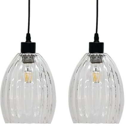 firstchoicelighting Set of 2 Glass Easy Fit Ceiling Lightshades or Pendant Shades, Clear Fluted Glass, Height 22cm Diameter 17cm