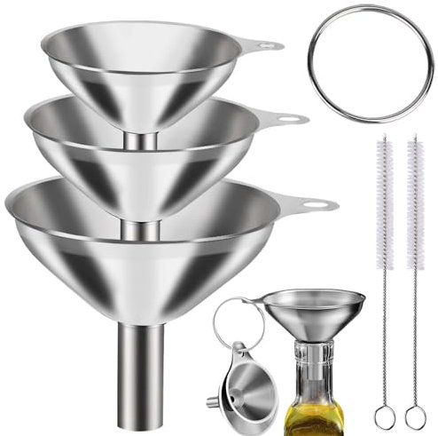 Stainless-Funnels-Kitchen Funnels for Filling Bottles or Containers - with Handle and Cleaning Brush, for Transferring Jam, Cooking Oils, Liquids, Powders(1.77inch/ 2.2inch/ 2.95inch)