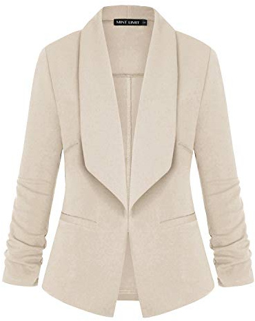 LADI TREND Damen-Blazer, vorne offen, lässig, 3/4-Ärmel, Arbeitsanzug, Bürojacke, Schalkragen mit Taschen, W-beige, XXL