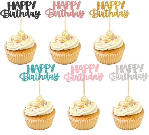 24 Stück Happy Birthday Tortendeko,6 Farben Tortendeko Geburtstag Wiederverwendbarcak Cake Topper Geburtstag Torten Deko Cupcake Topper Muffin Deko Happy Birthday Kuchen Deko für Mädchen,Kinder,Mutter