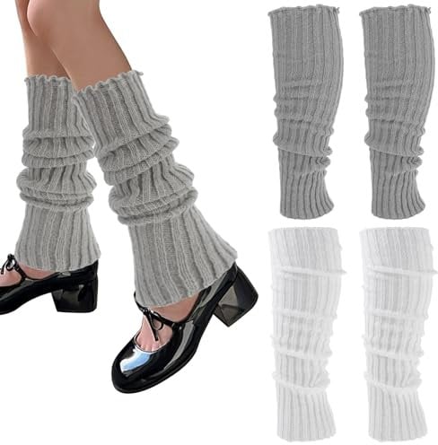 Abeillo 2 Paar Damen Leg Warmers,Gestrickte Beinstulpen,Winter Weich Lange Socken,Damenmode Lange Stiefelmanschette Kniestrümpfe,Y2K Vintage Stulpen Damen für Winter(Grey&White)