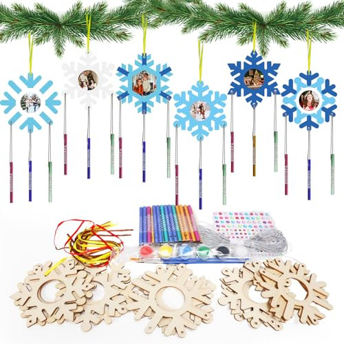 HONMOK 12 Kits Bricolage Carillon Vent Cadre Photo Flocon Neige avec Pinceaux et Peinture pour Enfants Loisir Créatif Hiver Activité Manuelle Noël DIY Décor Suspendu