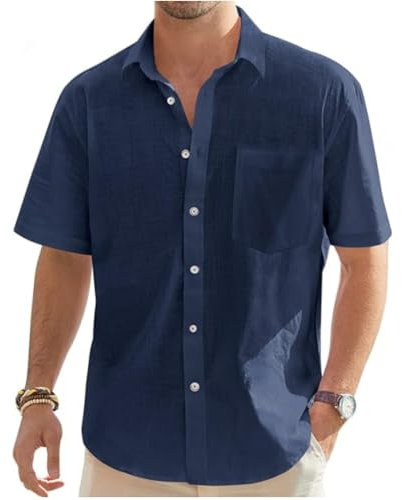 Camisa de lino para hombre de manga corta con botones, corte regular, para el tiempo libre, verano, playa, lino, azul marino, XXXXXL